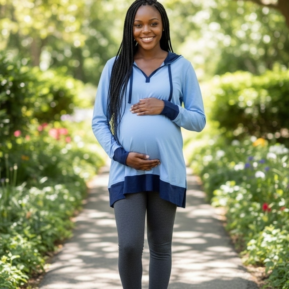 Two Hearts Maternity Light Blue Hooded Maternity Tunic with Navy Trim